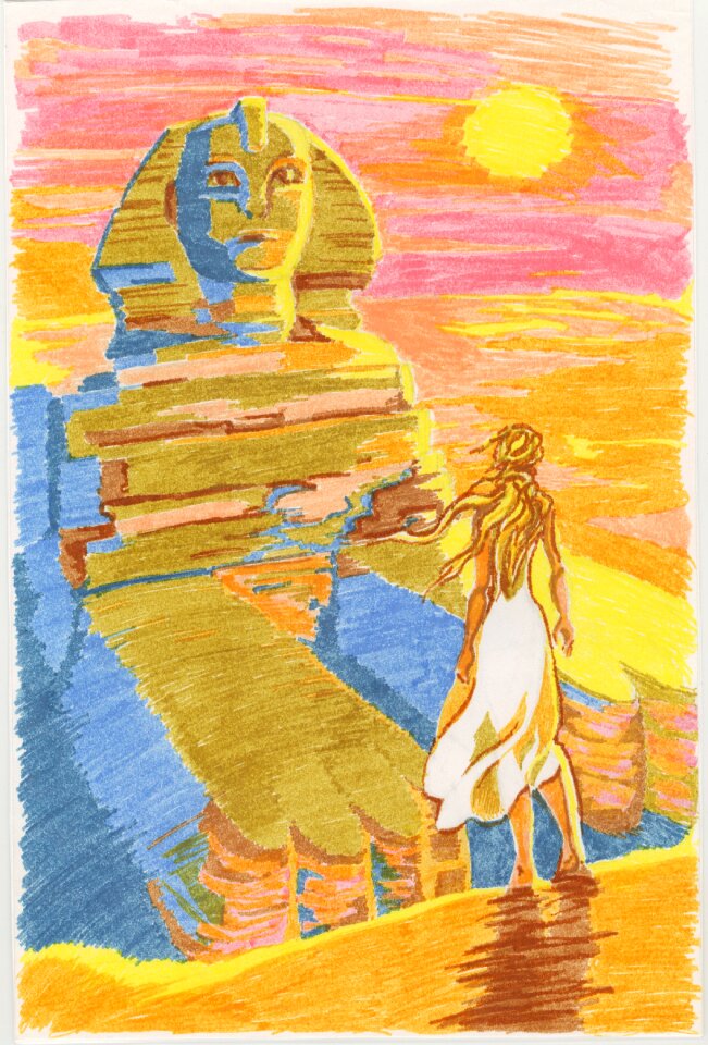 White dress sphinx sunset