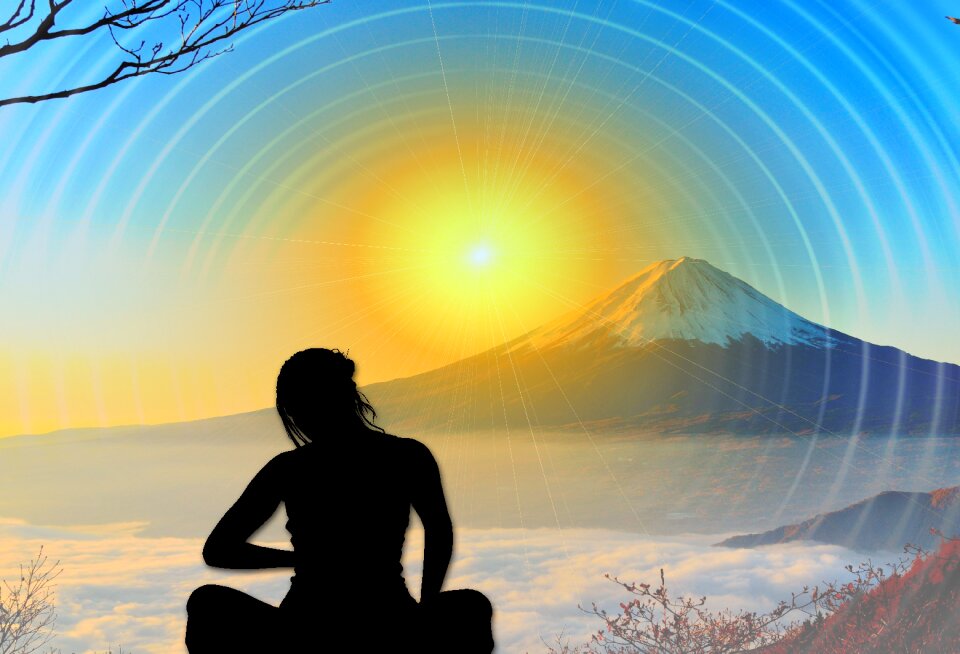 Woman mountain sun