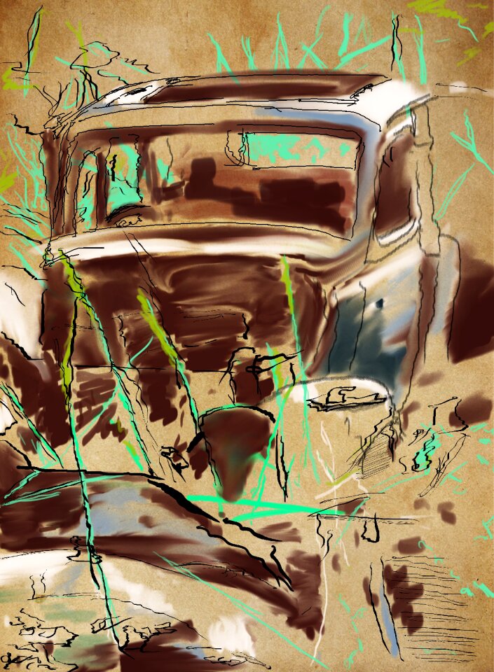 Old cars abandoned drawing