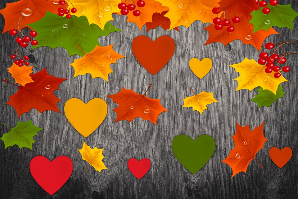 Wood hearts autumn leaves