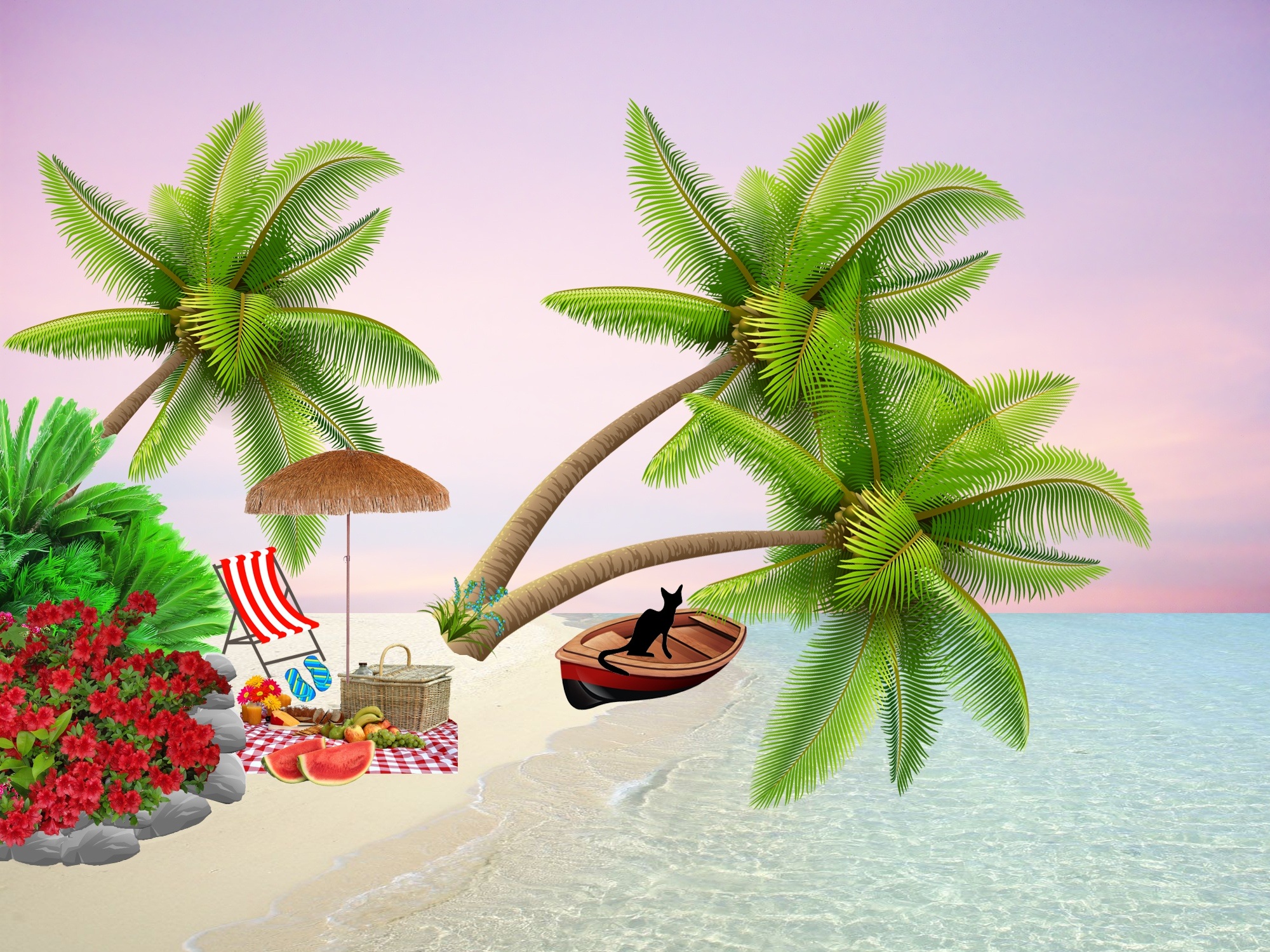 Bush palm trees beach chair Free digitally made illustrations on creazilla