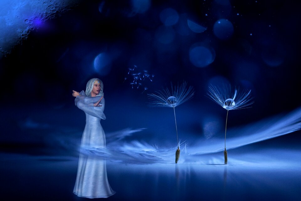 Woman dandelions moon