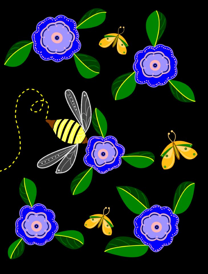 Bees and butterflies blue flowers black butterfly