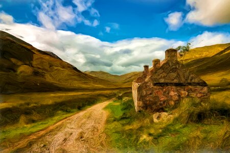 Landscape mountains old house