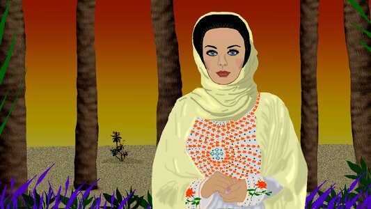 Vegetation woman wearing arabic clothing brown clothes