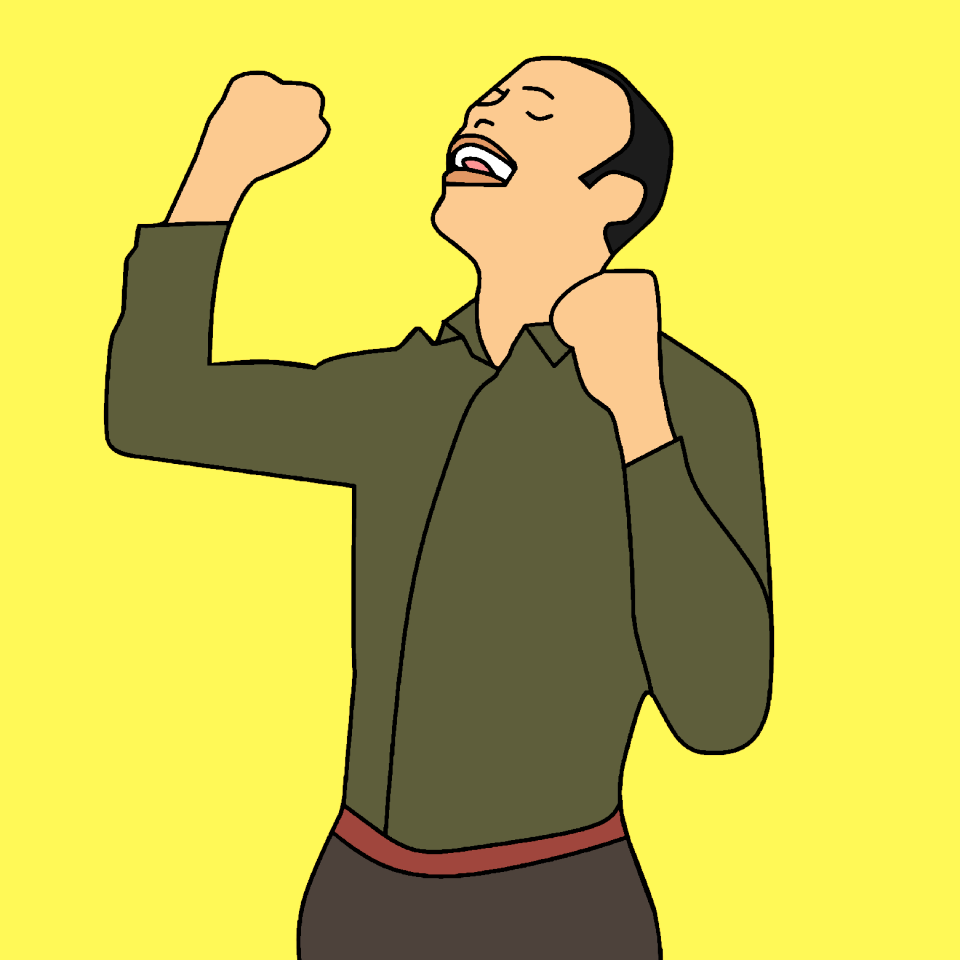 Raise hand laughing man
