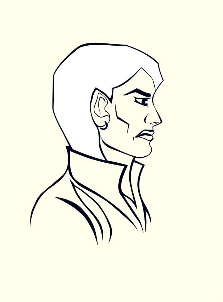 Beautiful evil young woman. Angry facial expression. Jacket with a high collar. Portrait in profile made in graphic linear style. Vector simple image.