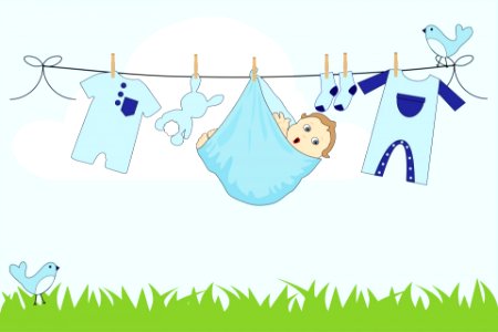 Cute baby boy dangling from clothes line