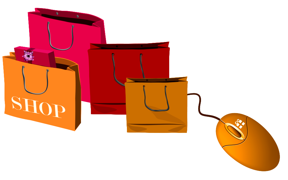 Shopping bags and computer mouse. Concept of e-shopping.