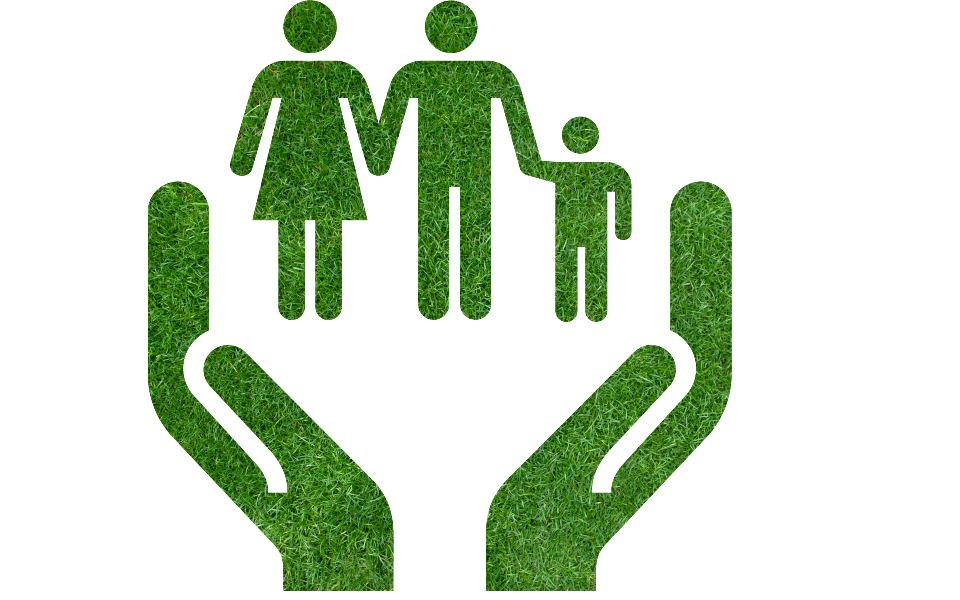 Caring for the environment, arms out of the grass with family