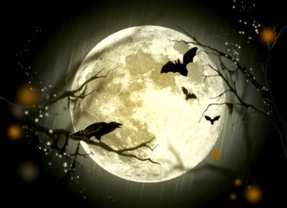 Spooky Halloween Illustration of Bats and Crow under the full moon