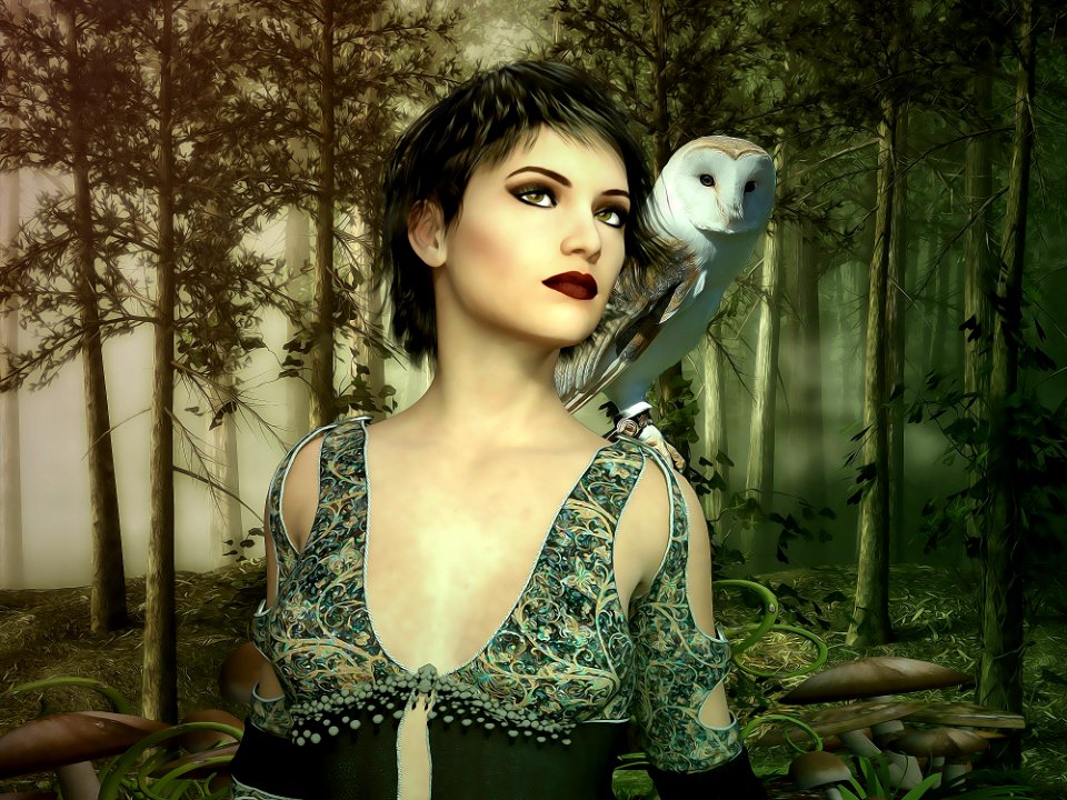 Gothic Female Model with owl on shoulder