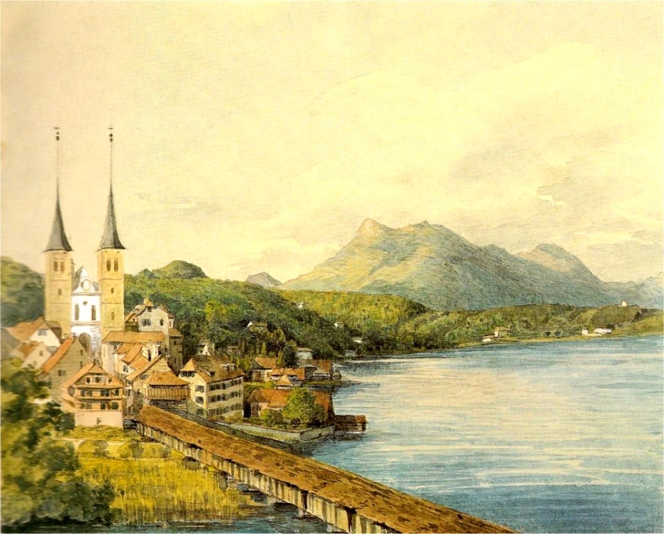 Lucerne in 1847 in France with castle and landscape