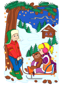 A boy and a girl on sled in winter card