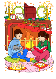Boy and girl reading tales on christmas eve vector card