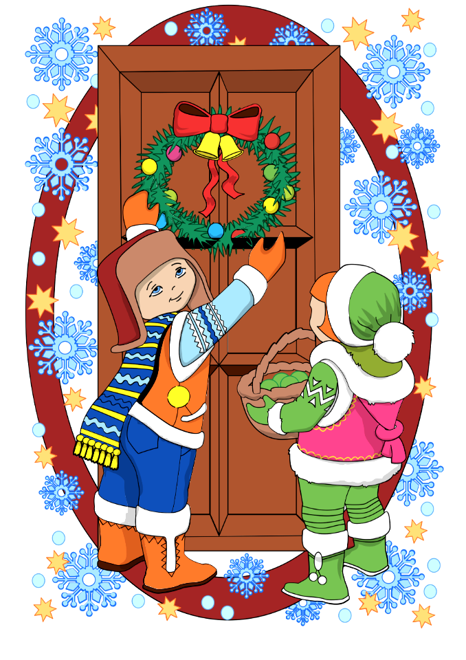 Children decorating a door with christmas wreath card