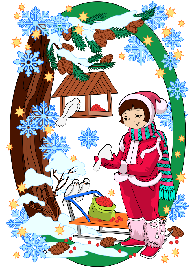 Girl feeding birds in winter card