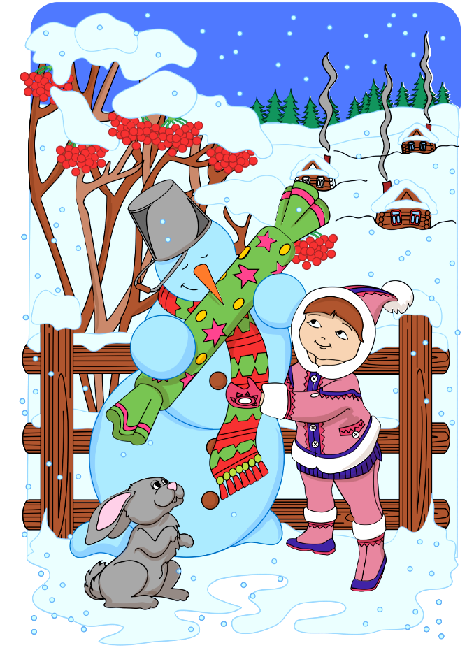 Girl is giving a big candy to a snowman card