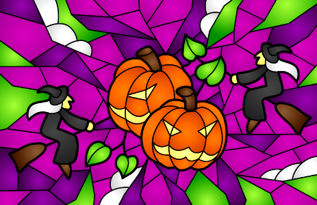 Witches And Pumpkins Stained Glass Style Illustration