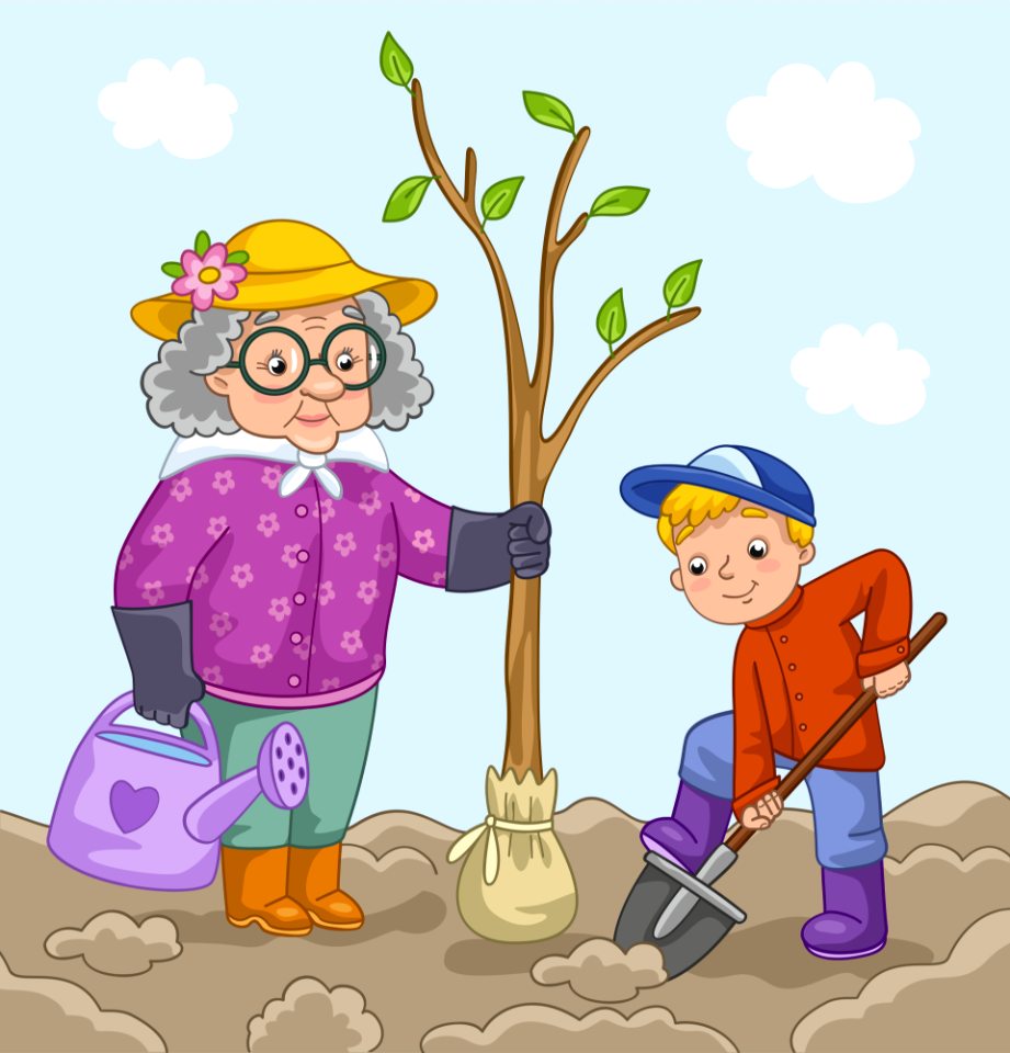 Granny and grandson planting a tree
