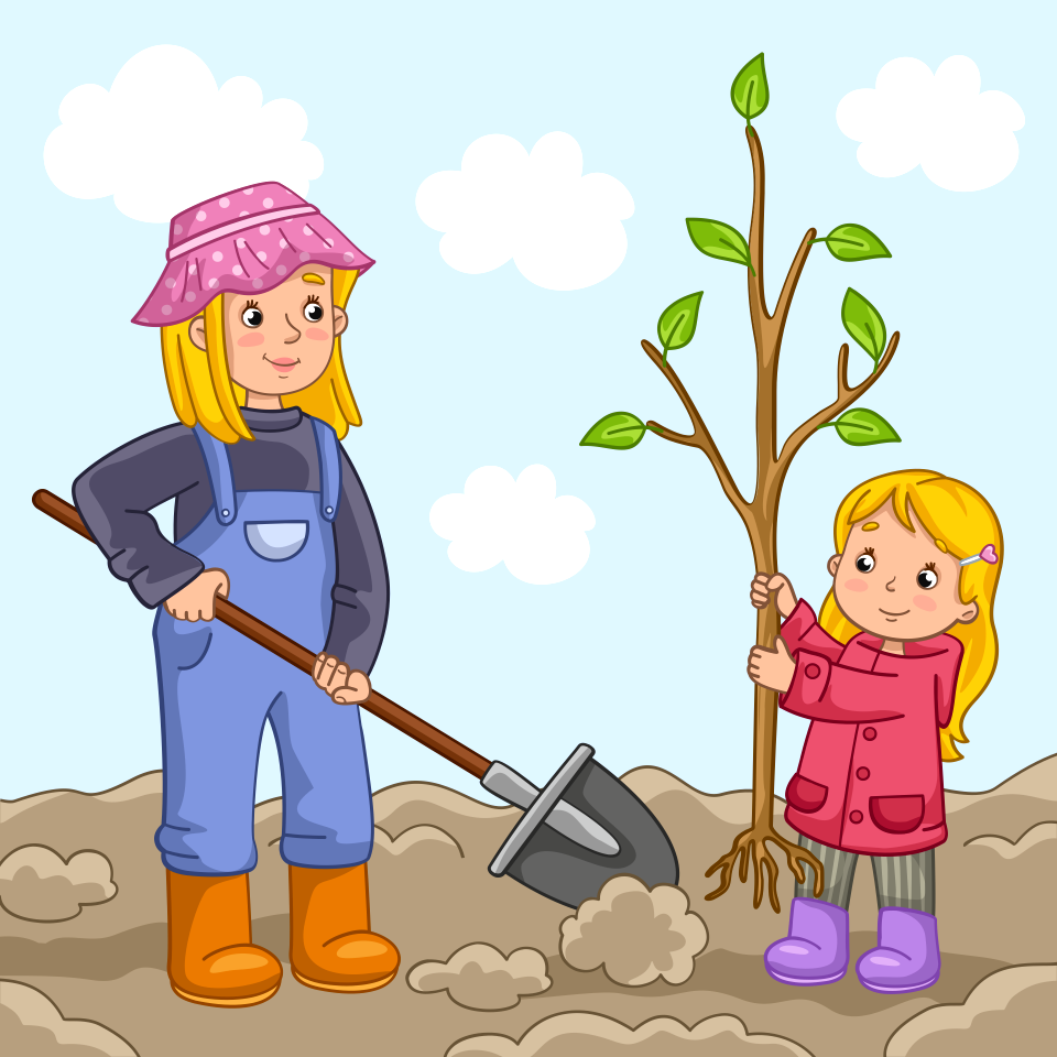 Mom and daughter planting a tree