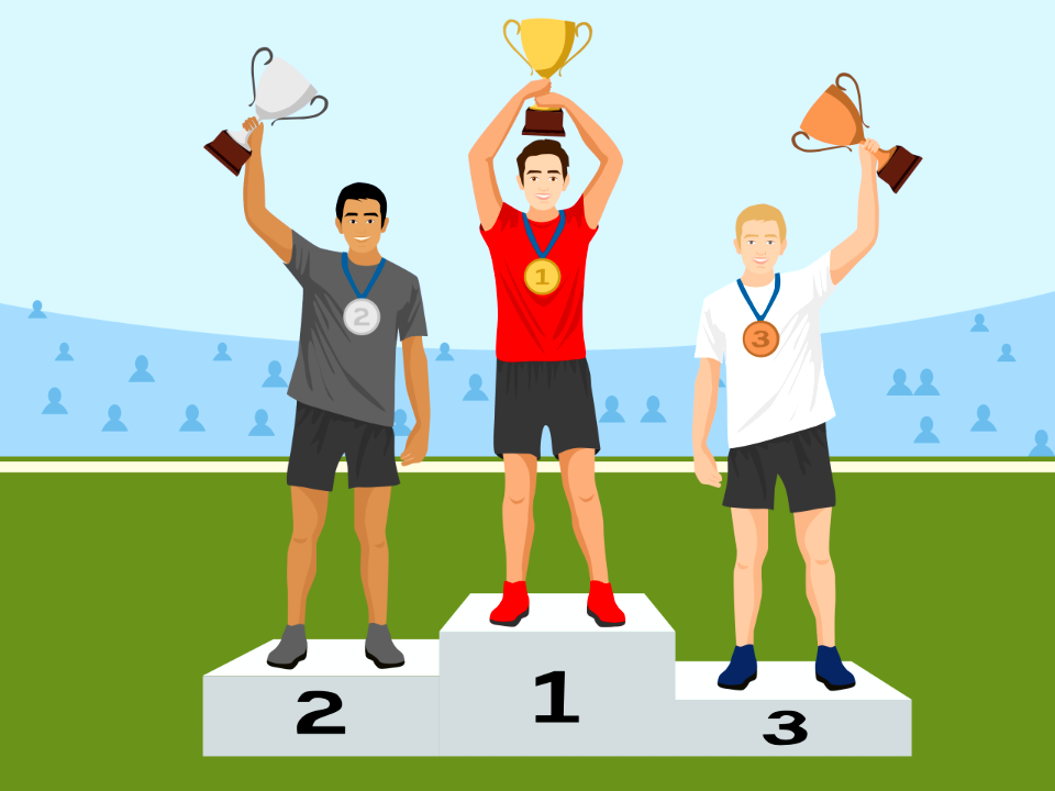 Trophy medals and podium three winners