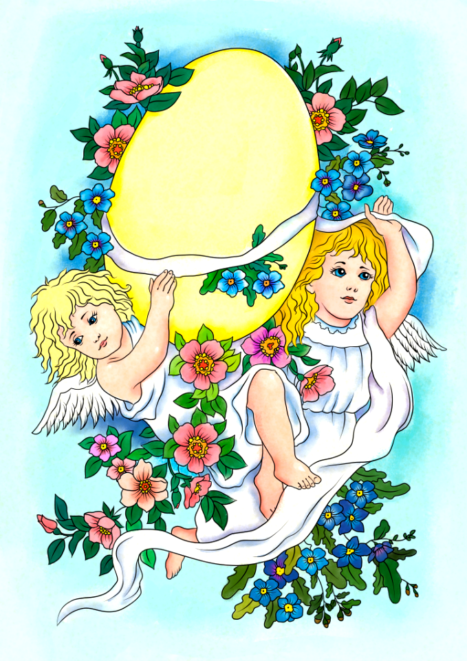 Angels are carrying a decorated easter egg card