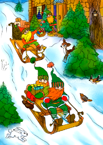 Christmas Gnomes are Delivering Presents on sleds