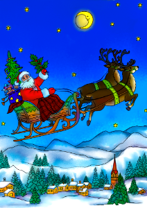 Santa Claus Flying in His Sleigh Pulled by Christmas Deers