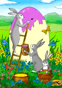 Three easter bunnies are painting a huge Easter egg card
