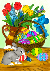 Easter basket decorated with flowers, eggs, pastry and bunny card