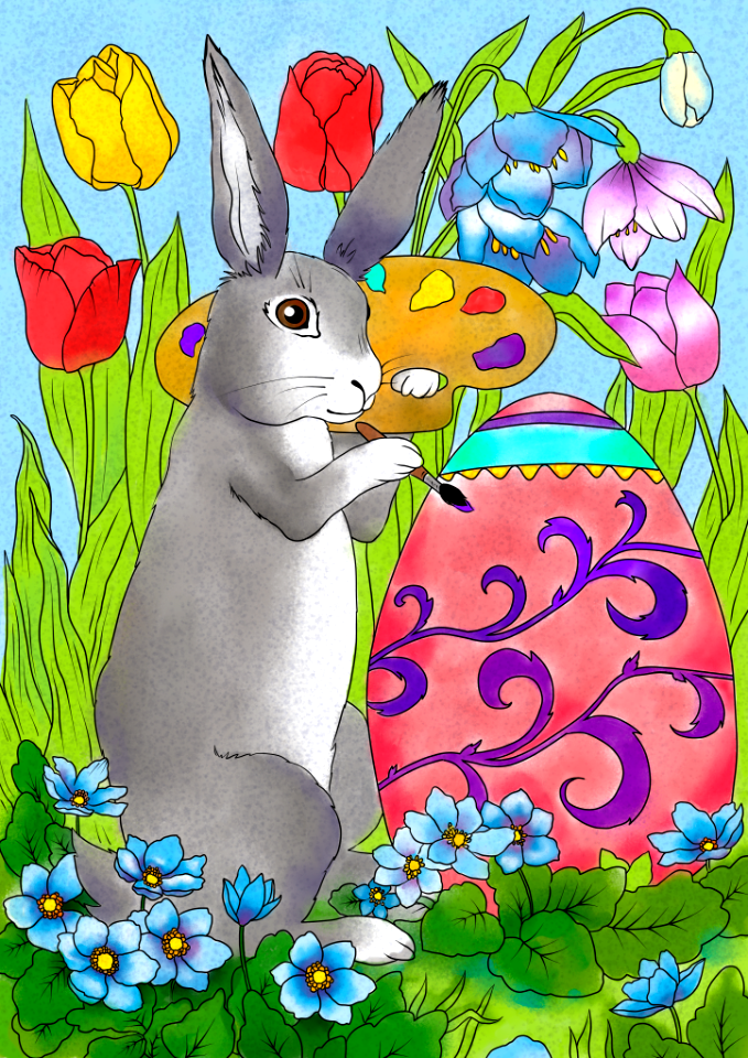 Easter rabbit is decorating an egg card