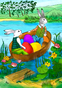 Rabbit in a boat with easter eggs card