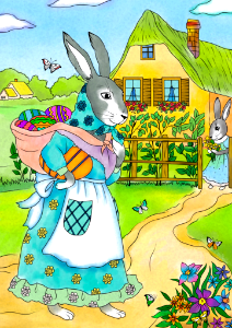 Rabbit mother and rabbit dauther are ready for a journey on easter card