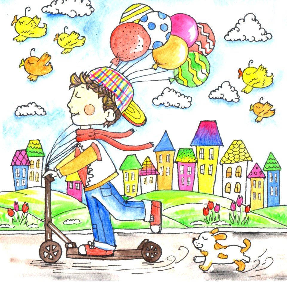 Boy on scooter with air balloons