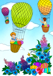 Boys are rising to the sky on hot air balloons with easter eggs card