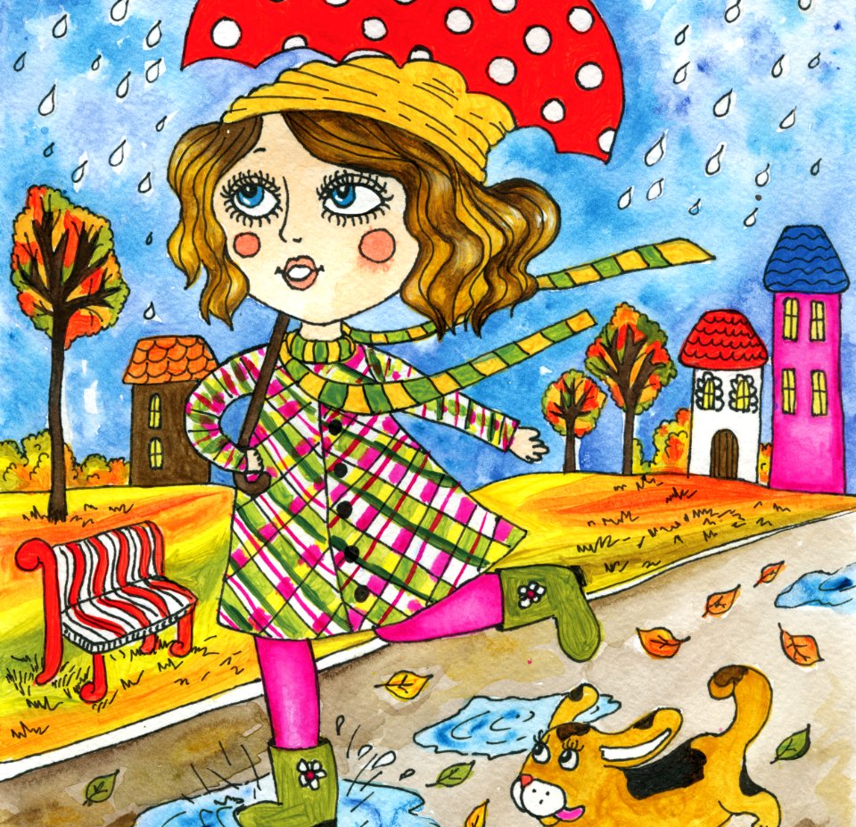 Girl walking on a raining day