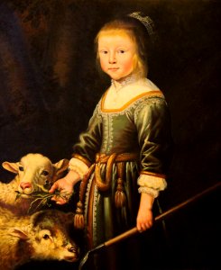 Girl with sheep girl and lambs old master