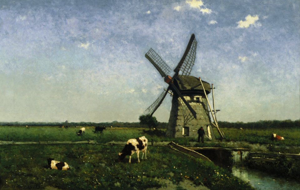 Oil on canvas landscape windmill