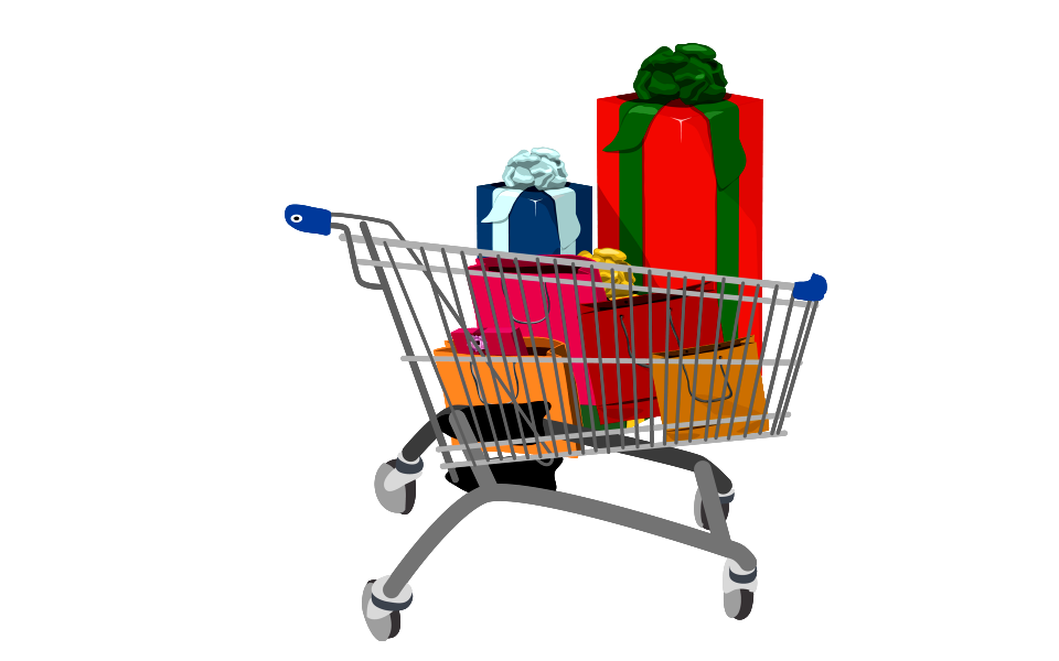 Shopping cart full of shopping bags and gift boxes