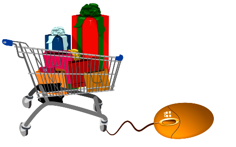 Shopping bags in shopping cart and computer mouse. Concept of e-s