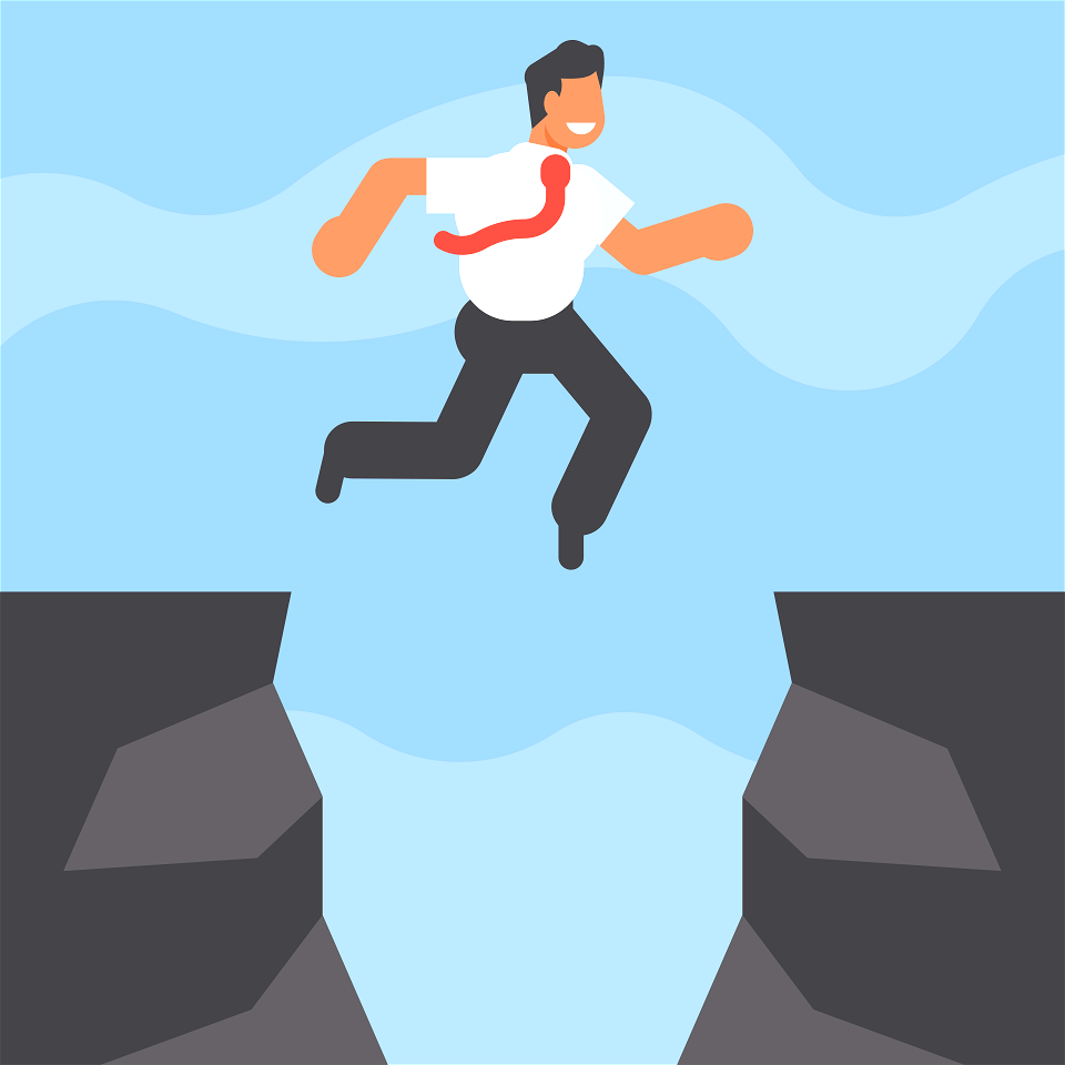 Businessman jumping over canyon