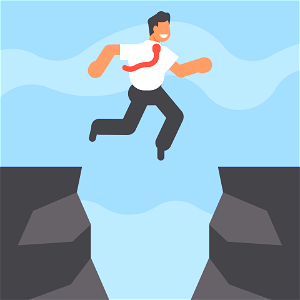 Businessman jumping over canyon