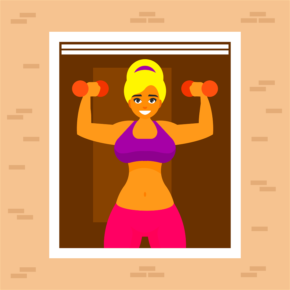Girl with dumbbells in window