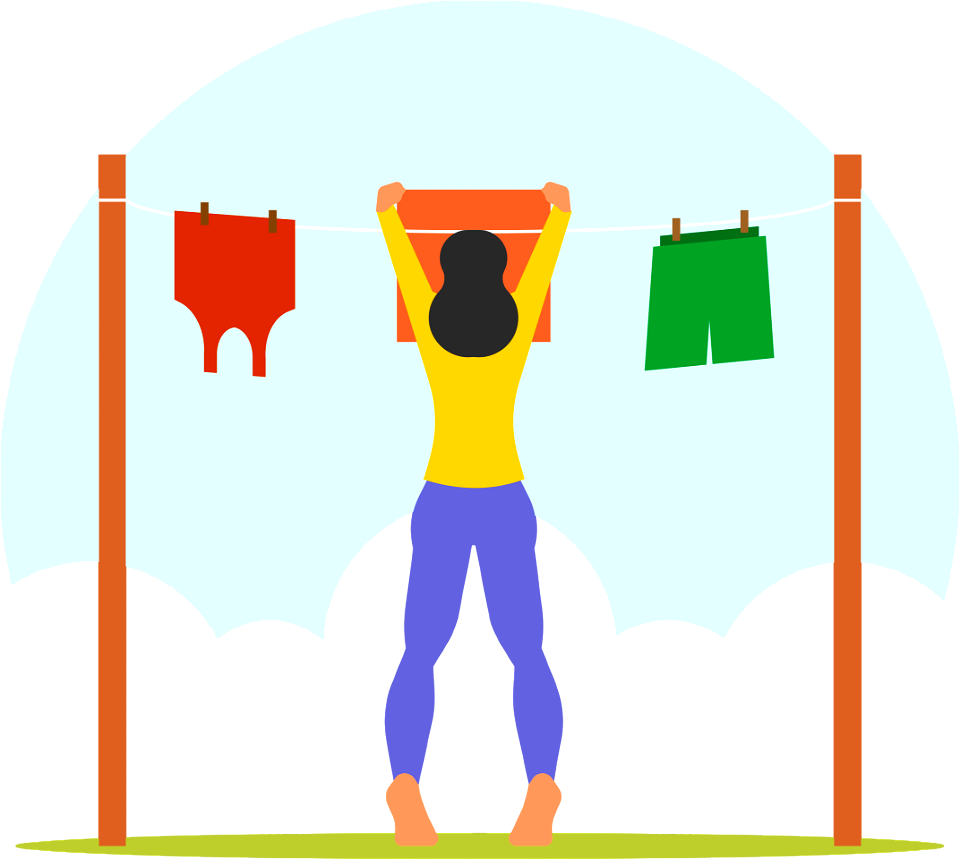 Woman hangs up washed laundry