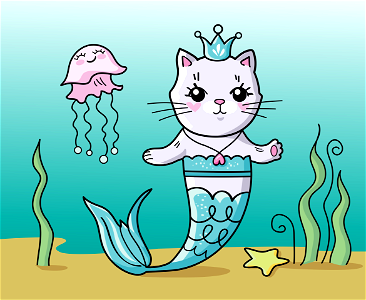 Mermaid Kitty with Jellyfish