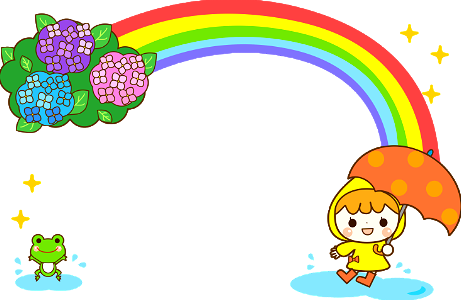 Girl and frog under rainbow