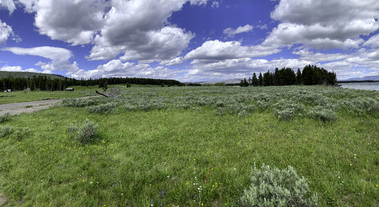 Panoramic green meadow under sky and clouds photo