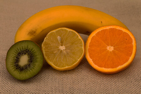 Art Still Life with Banana, Kiwi, grapefruit, and orange photo