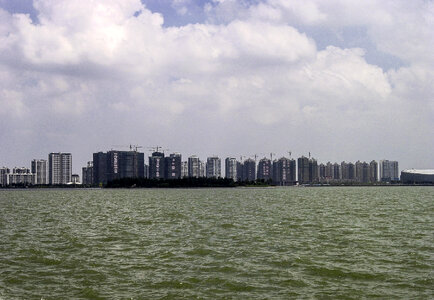 Skyline of Suzhou from the lake, China photo